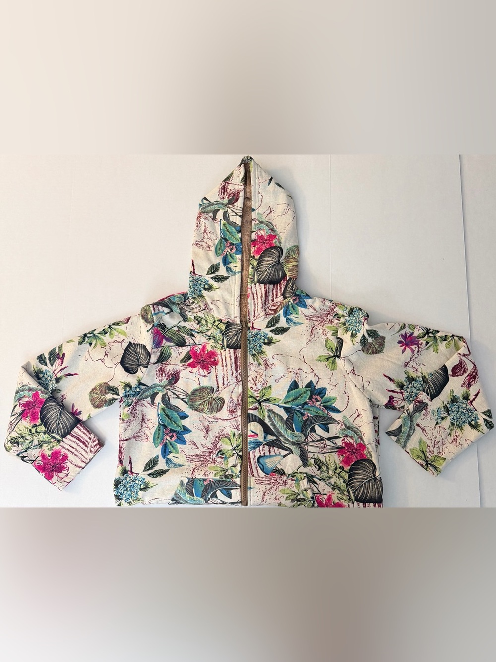 Cozy Soft Boho Light Plant Floral Hooded Zip-up Jacket Tan Fleece Lining Size L - Picture 10 of 13